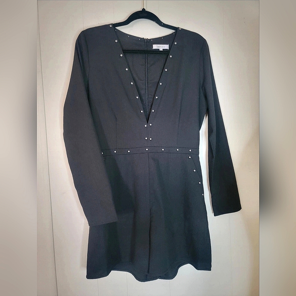 Lucy Paris Grey Long Sleeve Romper Plunge Studded Sexy Medium